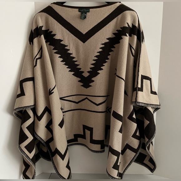 LRL Lambswool Blend Two-Ply Boiled Contrast Tribal Knit Poncho NWOT - Picture 7 of 15